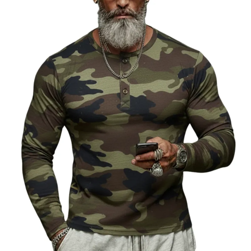 Men's Classic Casual Tough-guy Style Camouflage Cotton Blend Henley Neck Long-sleeved T-shirt MTA2636L1K sold by Manly