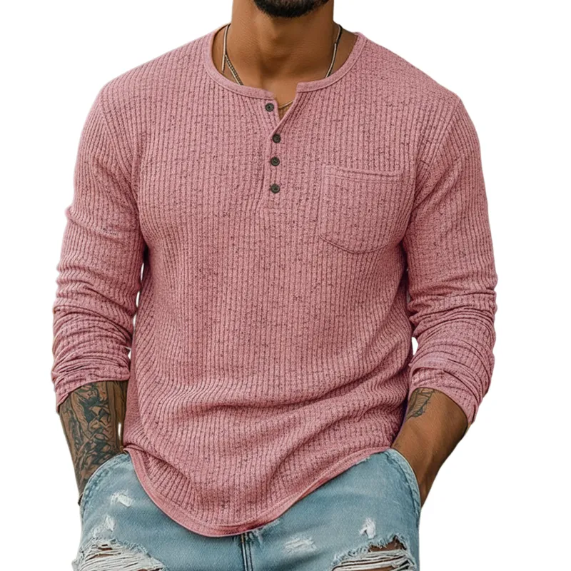 Men's Classic Casual Ribbed Henley Neck Long-sleeved T-shirt MTA2411L1K made by Manly