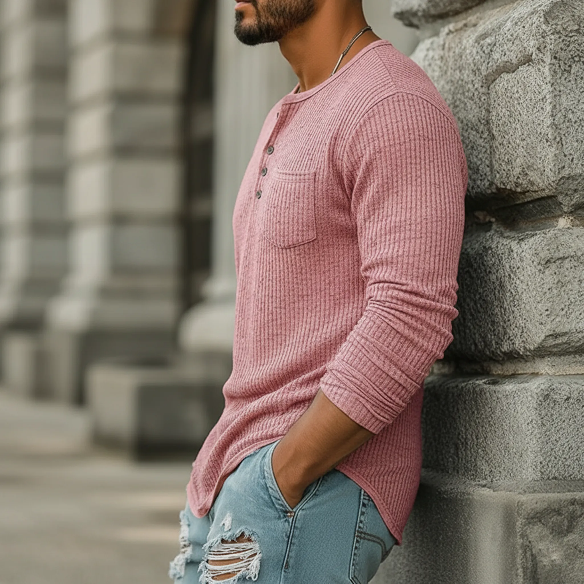 Men's Classic Casual Ribbed Henley Neck Long-sleeved T-shirt MTA2411L1K sold by Manly product image thumbnail 3