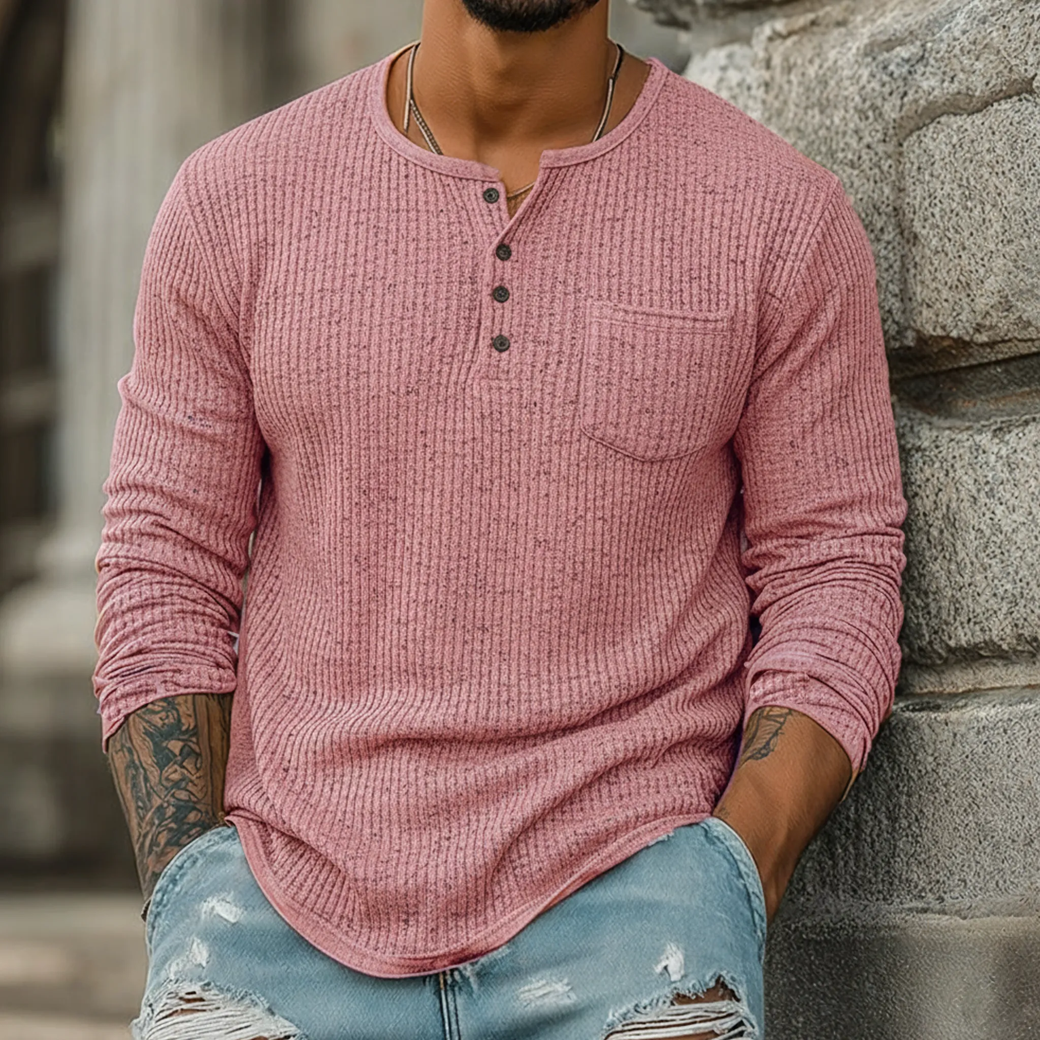Men's Classic Casual Ribbed Henley Neck Long-sleeved T-shirt MTA2411L1K sold by Manly product image thumbnail 2