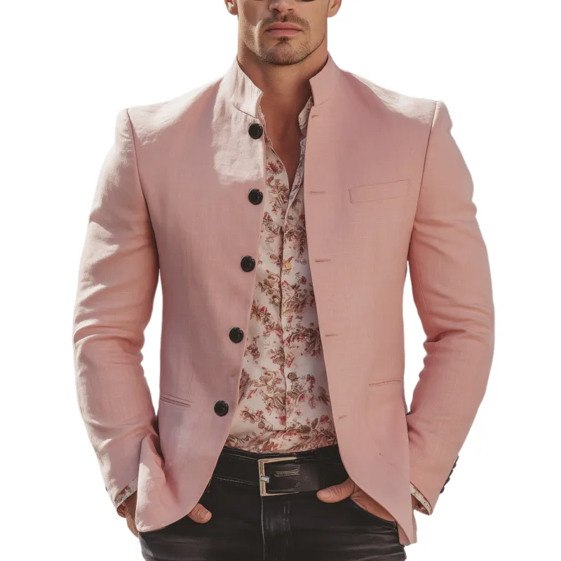 Men's Classic Casual Pink Stand-collar Cotton And Linen Jacket MTA2476L3K sold by Manly