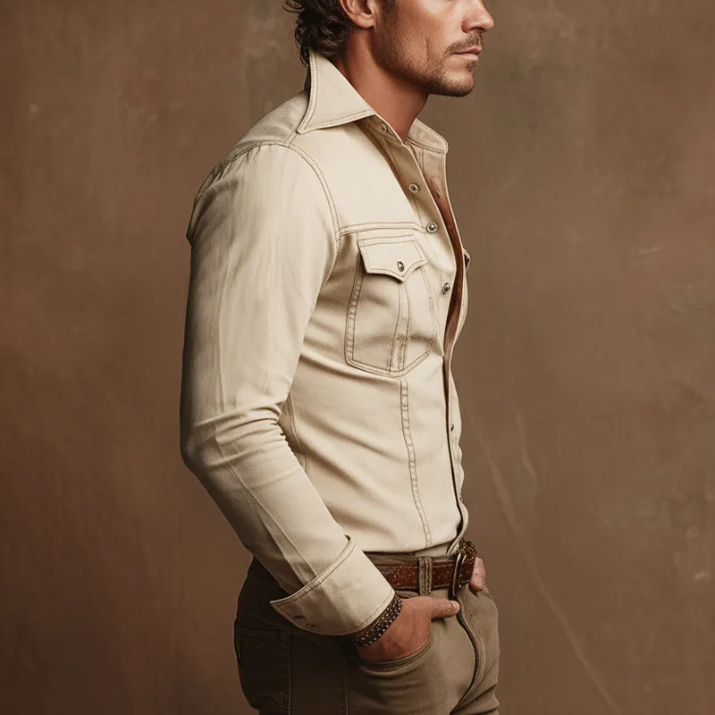 Men's Vintage Western-style Slim-fit Long-sleeved Cotton Shirt MTA2593L3U sold by Manly product image thumbnail 4