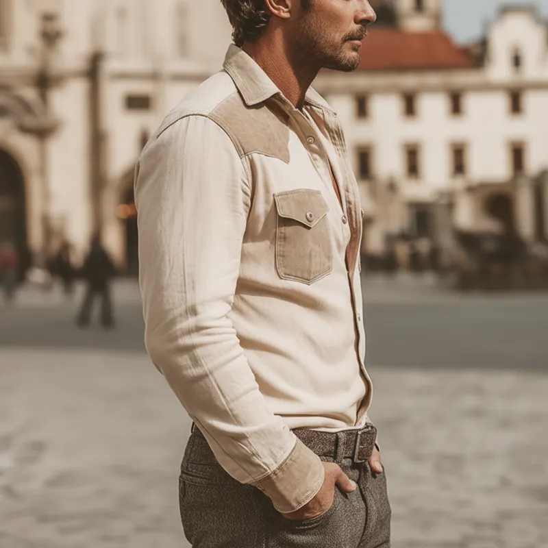 Men's Classic Western-style Cotton And Faux Suede Patchwork Long-sleeved Shirt MTA2543L0U sold by Manly product image thumbnail 4