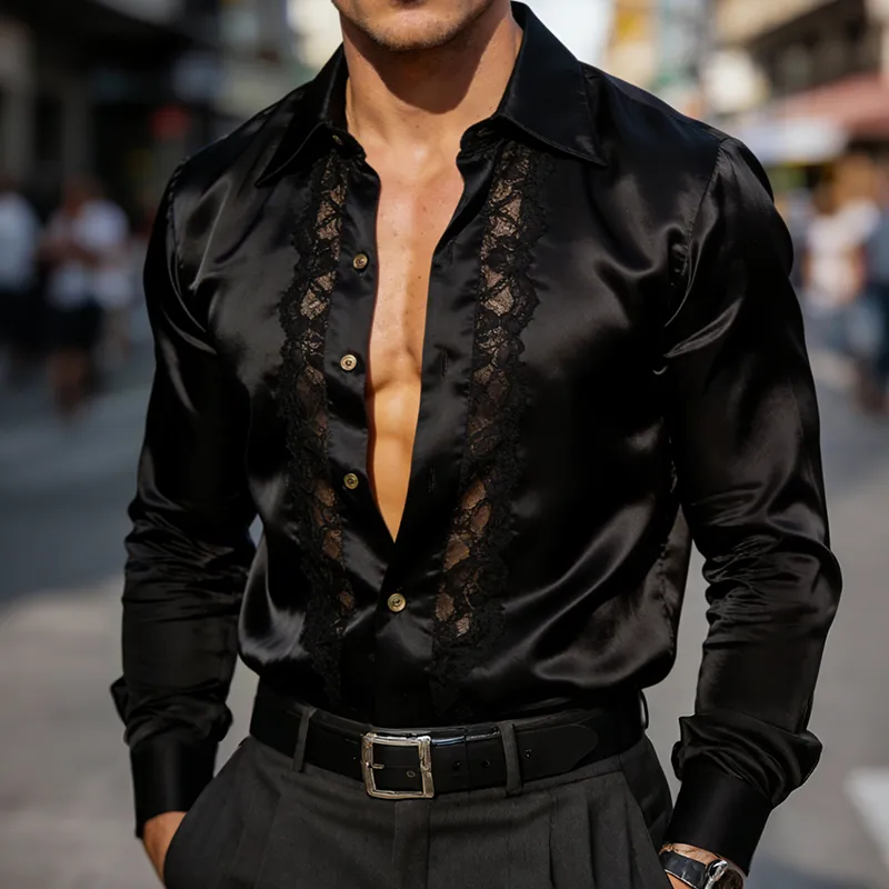 Men's Retro Casual Satin Lace Patchwork Lapel Long-Sleeve Shirt MTA2301L4TO sold by Manly product image thumbnail 2