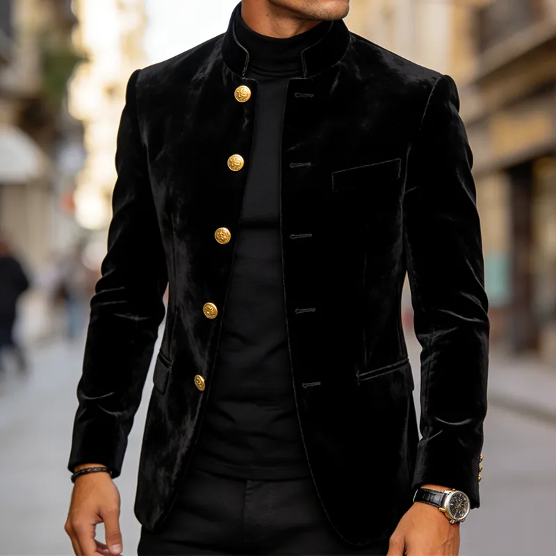 Men's Retro Casual Solid Color Velvet Stand Collar Jacket MTA2303L7TO sold by Manly product image thumbnail 2