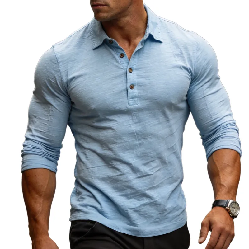 Men's Retro Casual Cotton LapelLong-Sleeve T-Shirt MTA2328L9TO sold by Manly