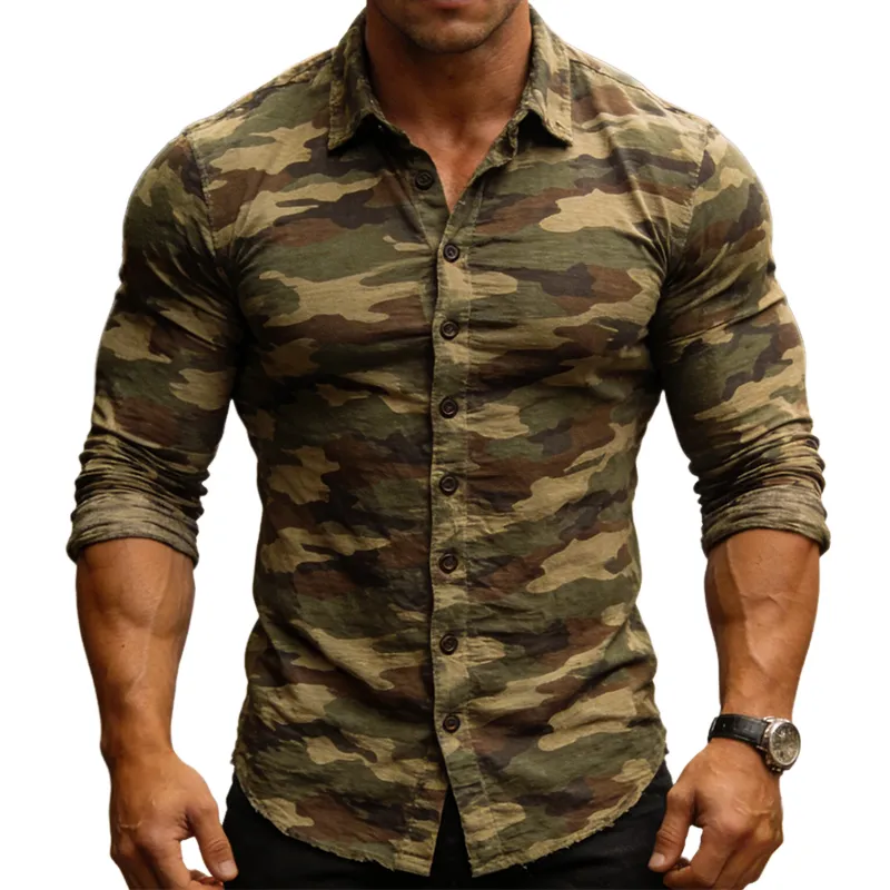 Men's Retro Camouflage Print Stretch Lapel Long-Sleeve Shirt MTA2373L9TO sold by Manly