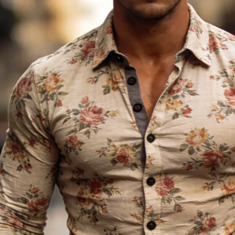 Men's Retro Casual Floral Print Stretch Lapel Long Sleeve Shirt MTA2301L1TO sold by Manly product image thumbnail 3