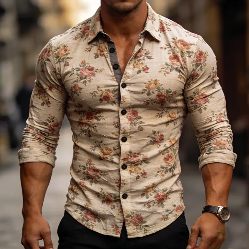 Men's Retro Casual Floral Print Stretch Lapel Long Sleeve Shirt MTA2301L1TO sold by Manly product image thumbnail 2