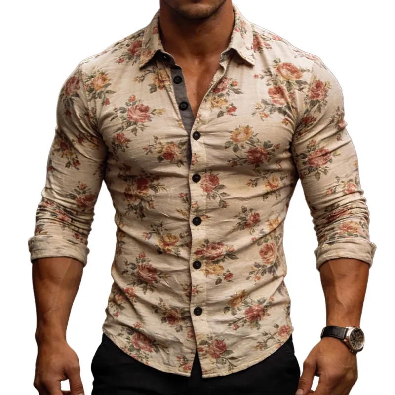 Men's Retro Casual Floral Print Stretch Lapel Long Sleeve Shirt  MTA2301L1TO sold by Manly