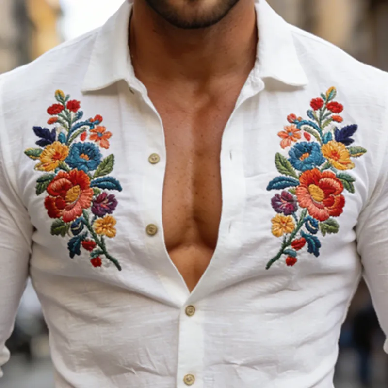 Men's Retro Casual Embroidered Cotton Lapel Long-Sleeve Shirt MTA2378L5TO sold by Manly product image thumbnail 3