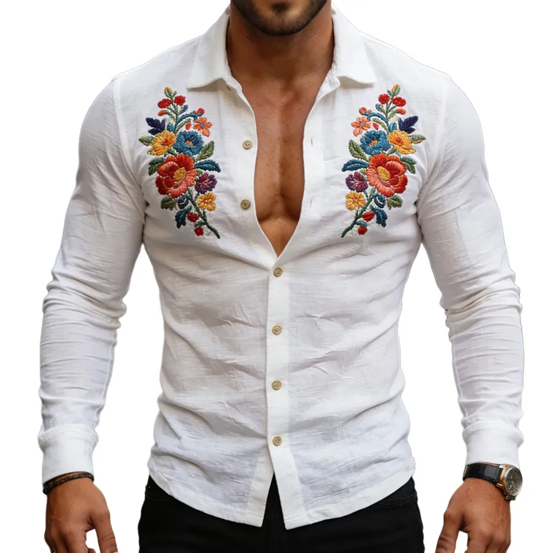 Men's Retro Casual Embroidered Cotton Lapel Long-Sleeve Shirt MTA2378L5TO sold by Manly
