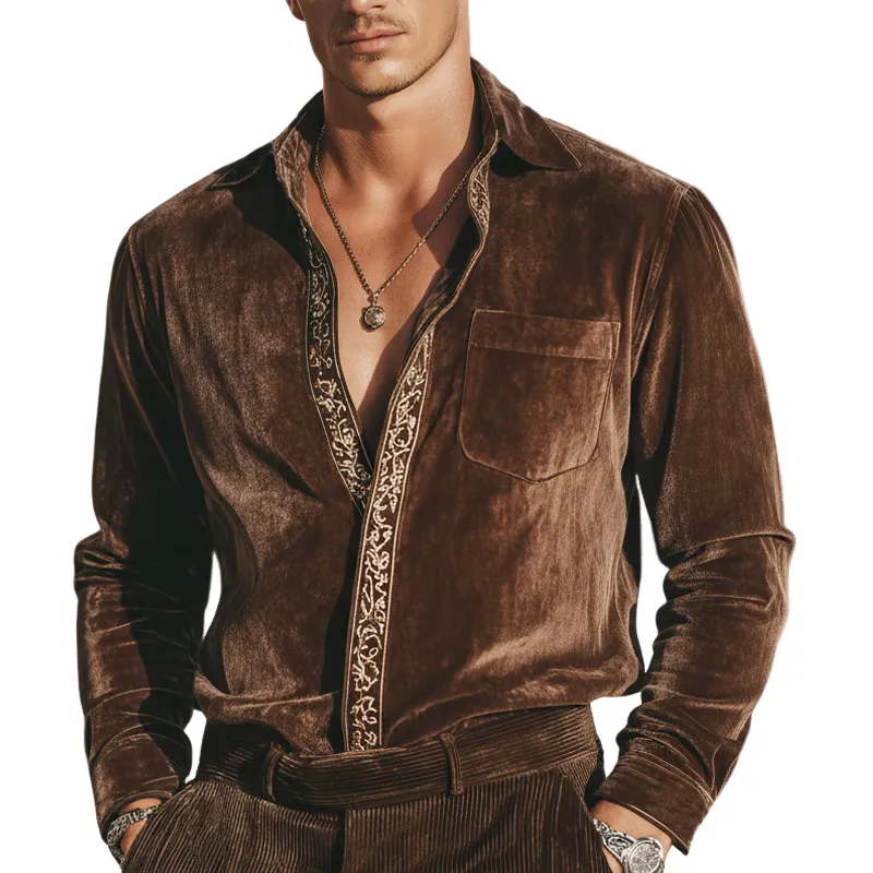 Men's Classic Retro Embroidered Velvet Concealed Button Long-sleeved Shirt MTA2327L3U sold by Manly