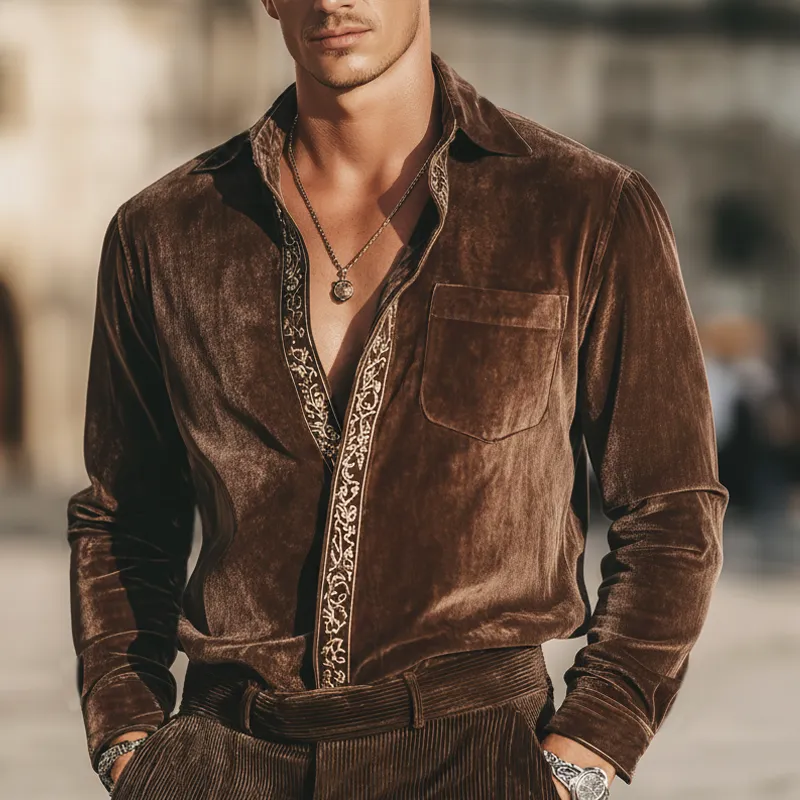 Men's Classic Retro Embroidered Velvet Concealed Button Long-sleeved Shirt MTA2327L3U sold by Manly product image thumbnail 3