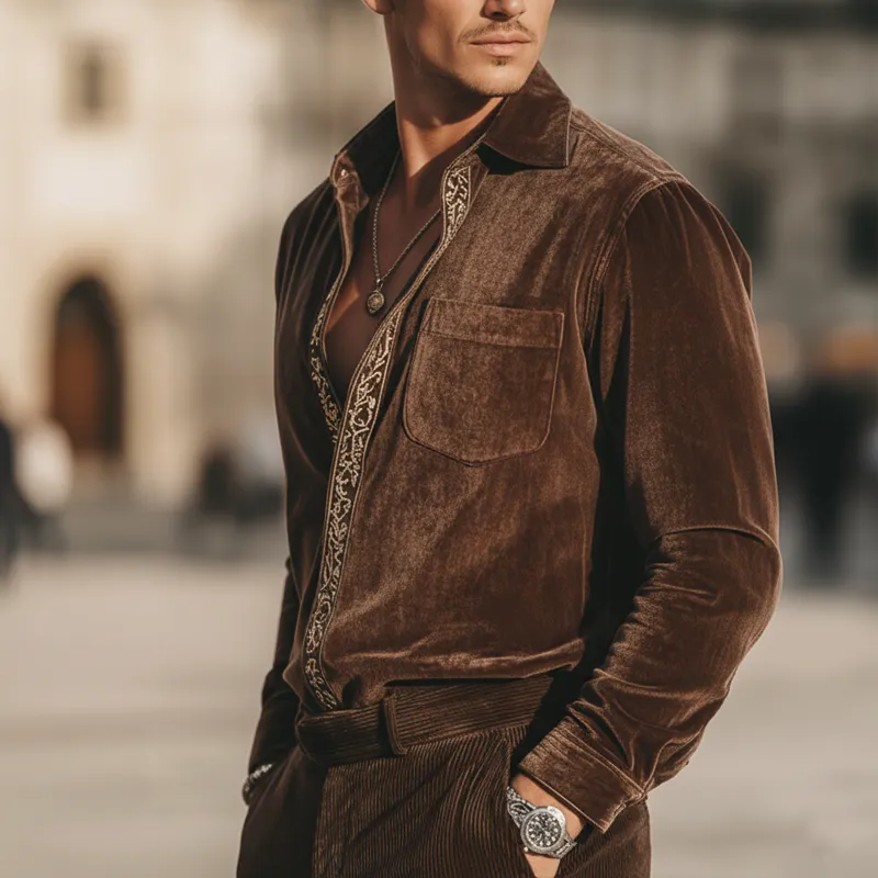 Men's Classic Retro Embroidered Velvet Concealed Button Long-sleeved Shirt MTA2327L3U sold by Manly product image thumbnail 5