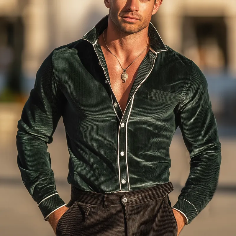 Men's Vintage Dark Green Corduroy Long-sleeved Shirt MTA2417L1U sold by Manly product image thumbnail 3