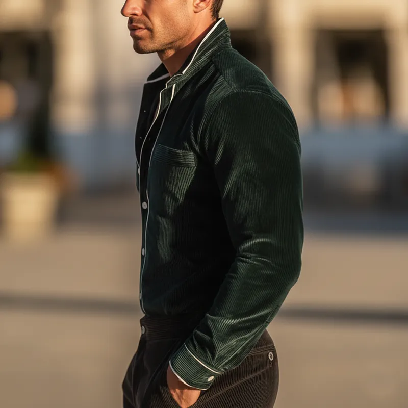 Men's Vintage Dark Green Corduroy Long-sleeved Shirt MTA2417L1U sold by Manly product image thumbnail 4