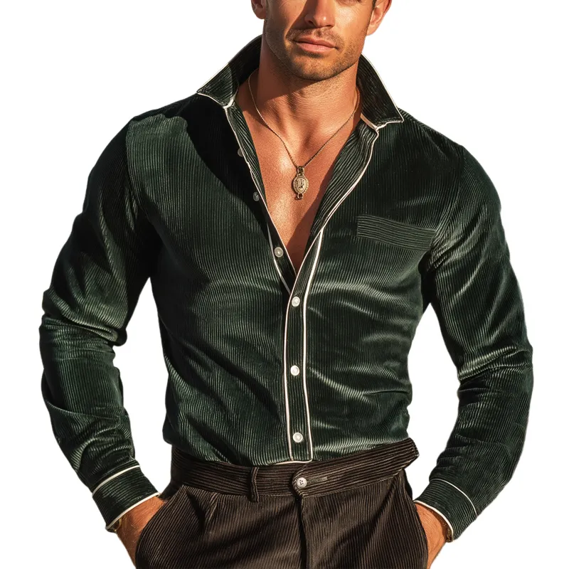 Men's Vintage Dark Green Corduroy Long-sleeved Shirt MTA2417L1U sold by Manly