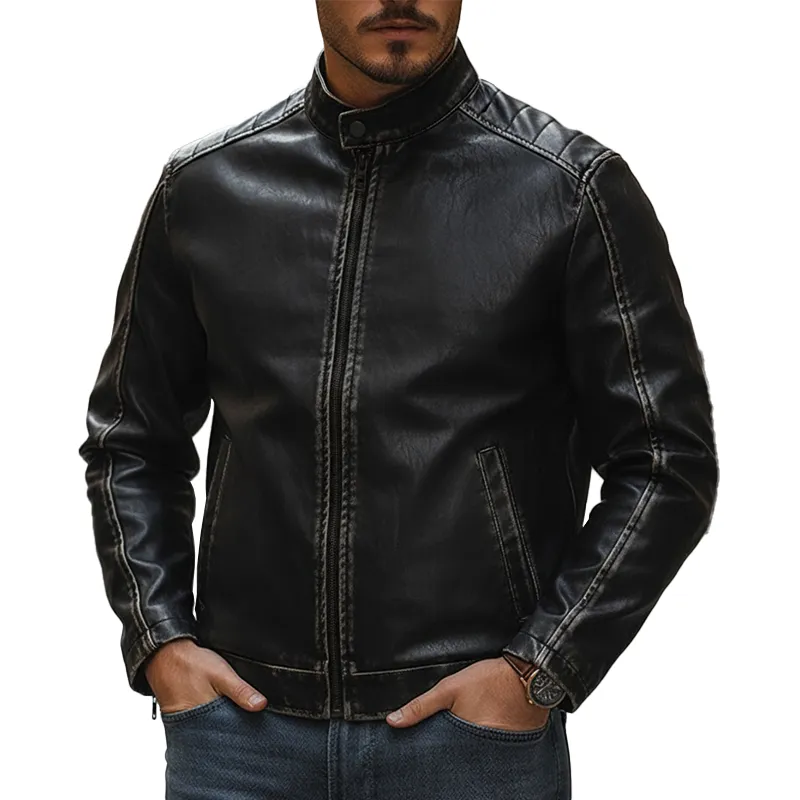 Men's Vintage Distressed PU Faux Leather Zip-up Jacket MTA2378L0P sold by Manly