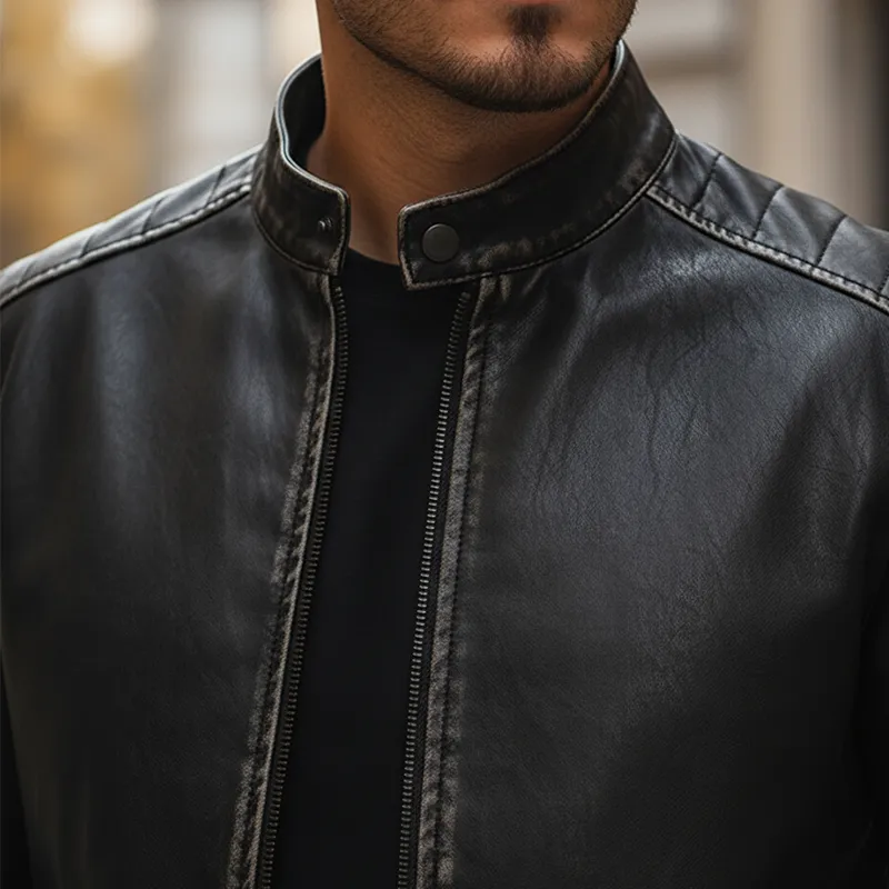 Men's Vintage Distressed PU Faux Leather Zip-up Jacket MTA2378L0P sold by Manly product image thumbnail 3