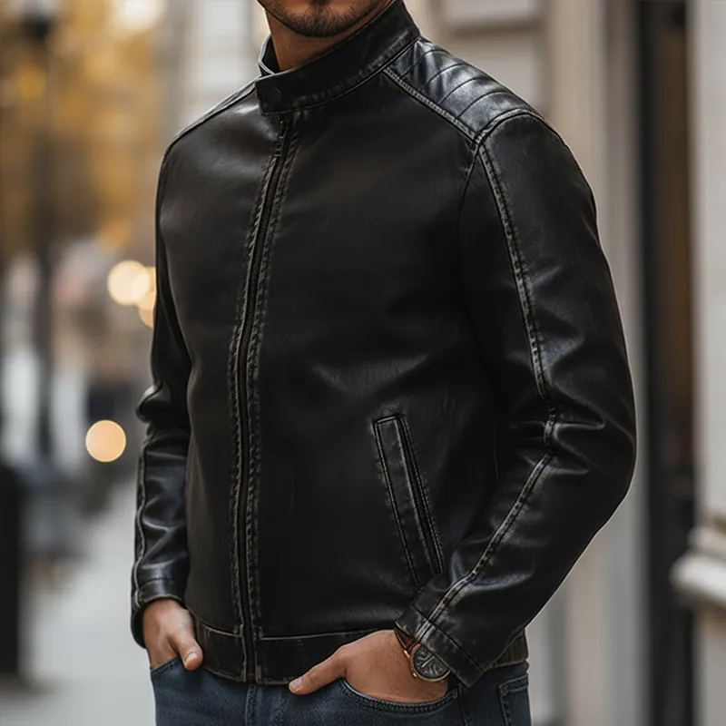 Men's Vintage Distressed PU Faux Leather Zip-up Jacket MTA2378L0P sold by Manly product image thumbnail 4