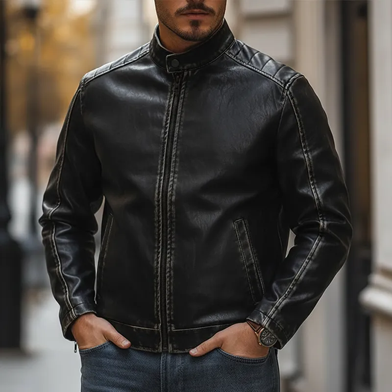 Men's Vintage Distressed PU Faux Leather Zip-up Jacket MTA2378L0P sold by Manly product image thumbnail 2