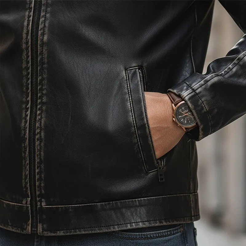 Men's Vintage Distressed PU Faux Leather Zip-up Jacket MTA2378L0P sold by Manly product image thumbnail 5