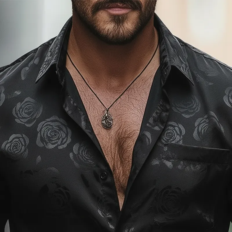 Men's Vintage Rose Print Satin Button-down Long-sleeved Shirt MTA2368L7P sold by Manly product image thumbnail 3