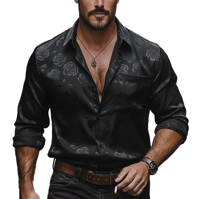 Men's Vintage Rose Print Satin Button-down Long-sleeved Shirt MTA2368L7P sold by Manly