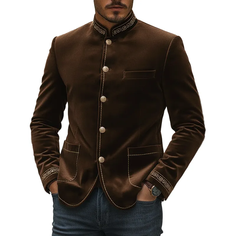 Men's Retro Embroidered Stand-up Collar Velvet Button Jacket MTA2334L6P sold by Manly
