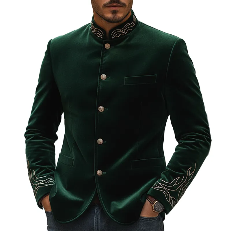 Men's Vintage Embroidered Stand-collar Velvet Jacket With Buttons MTA2341L6P sold by Manly