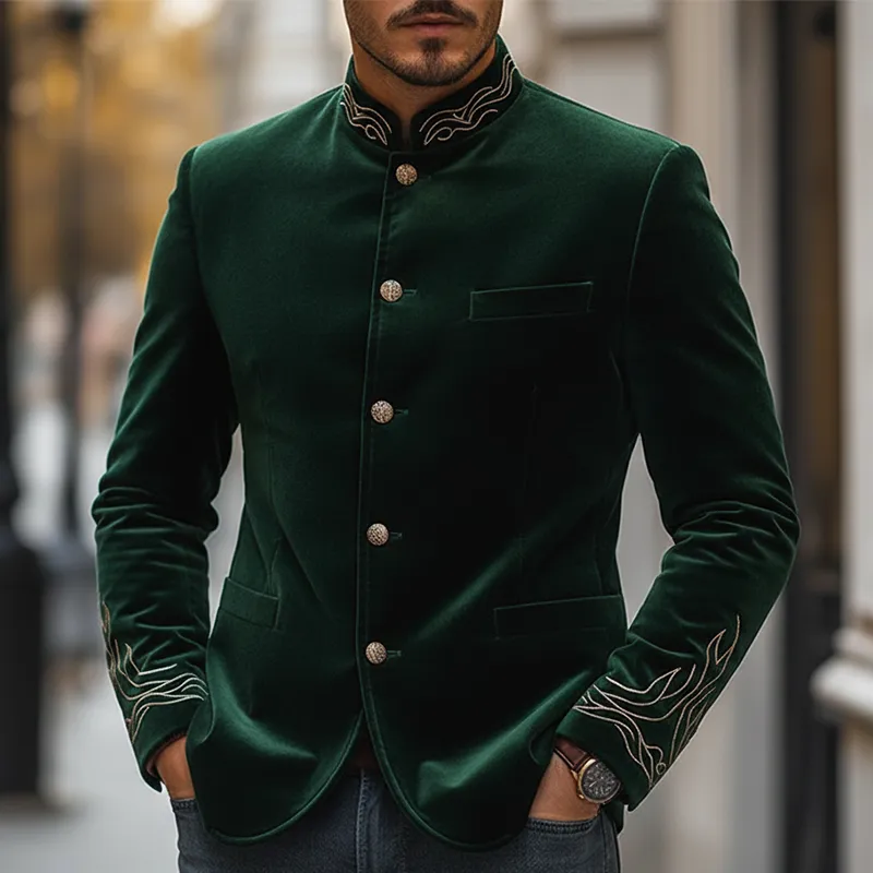 Men's Vintage Embroidered Stand-collar Velvet Jacket With Buttons MTA2341L6P sold by Manly product image thumbnail 2