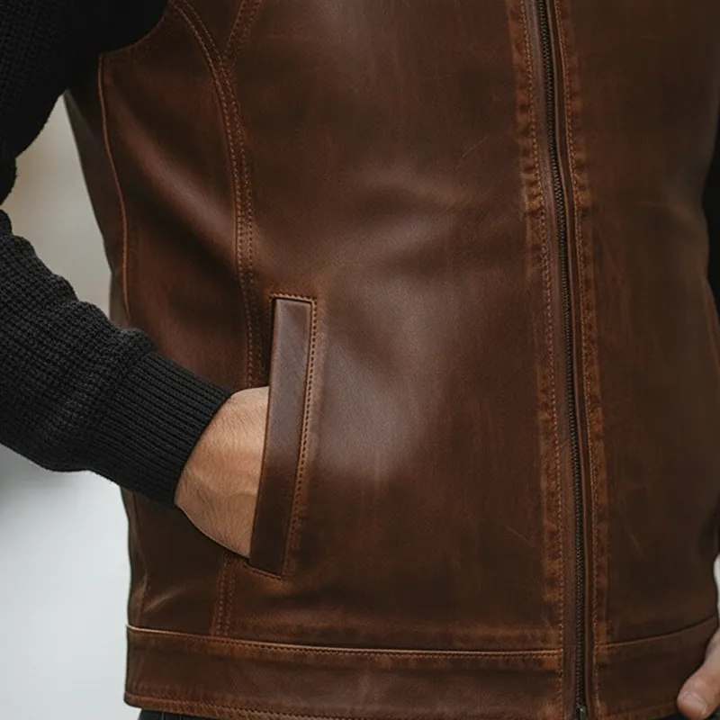 Men's Retro Distressed PU Faux Leather Zipper Sleeveless Vest MTA2332L8P sold by Manly product image thumbnail 5