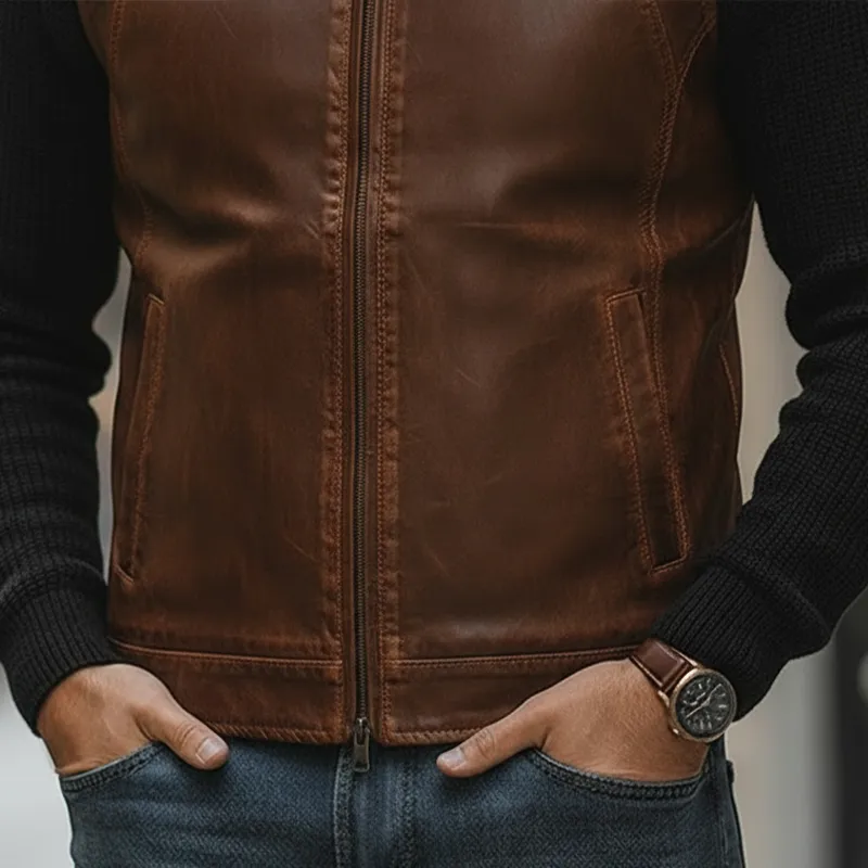 Men's Retro Distressed PU Faux Leather Zipper Sleeveless Vest MTA2332L8P sold by Manly product image thumbnail 4