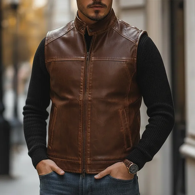 Men's Retro Distressed PU Faux Leather Zipper Sleeveless Vest MTA2332L8P sold by Manly product image thumbnail 2