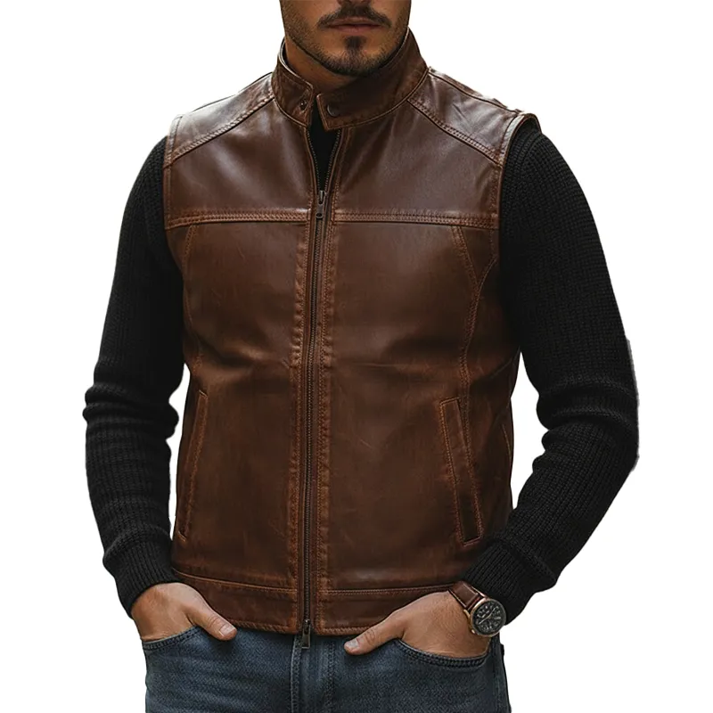 Men's Retro Distressed PU Faux Leather Zipper Sleeveless Vest MTA2332L8P sold by Manly