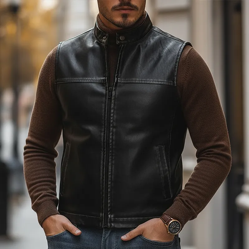 Men's Retro Distressed PU Faux Leather Zipper Sleeveless Vest MTA2363L2P sold by Manly product image thumbnail 2