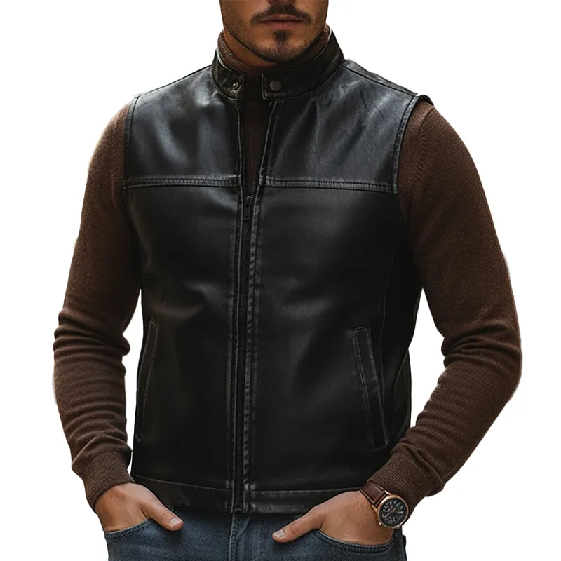 Men's Retro Distressed PU Faux Leather Zipper Sleeveless Vest MTA2363L2P sold by Manly