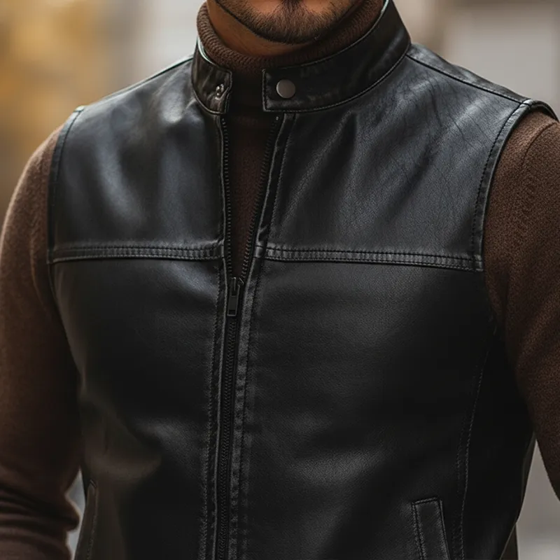 Men's Retro Distressed PU Faux Leather Zipper Sleeveless Vest MTA2363L2P sold by Manly product image thumbnail 4