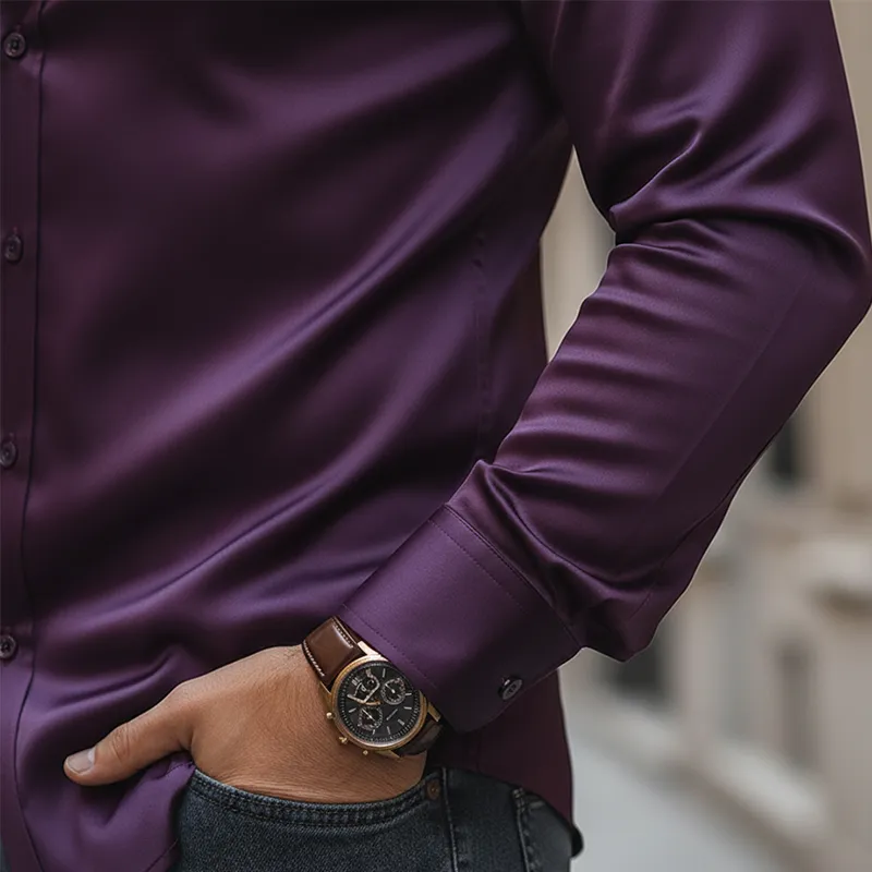 Men's Vintage Solid Color Satin Long-sleeved Button-down Shirt MTA2315L3P sold by Manly product image thumbnail 4