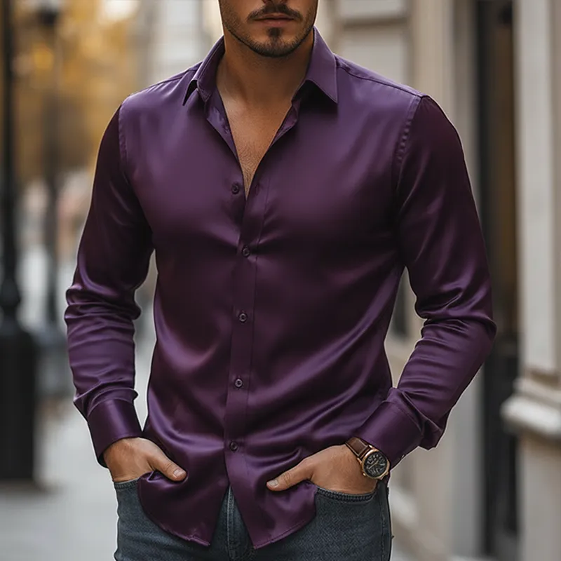 Men's Vintage Solid Color Satin Long-sleeved Button-down Shirt MTA2315L3P sold by Manly product image thumbnail 2