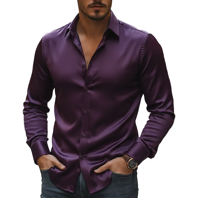 Men's Vintage Solid Color Satin Long-sleeved Button-down Shirt MTA2315L3P sold by Manly