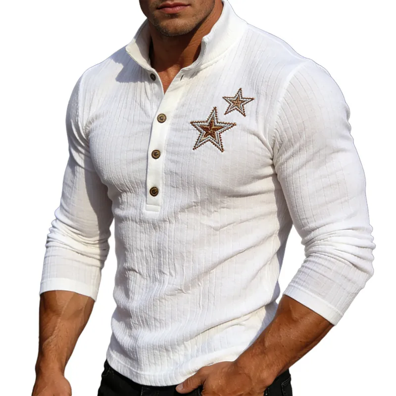 Men's Retro Casual Star Embroidered Stand Collar Long Sleeve T-shirt MTA2271L3TO sold by Manly