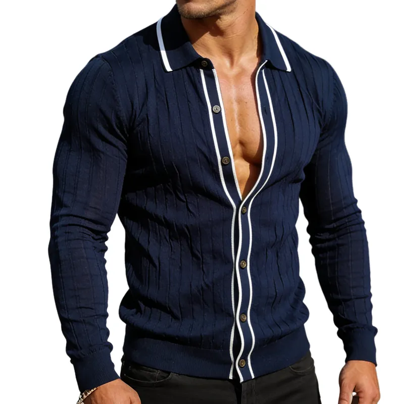 Men's Retro Casual Color Block Knitted Lapel Shirt Sweater MTA2241L8TO sold by Manly