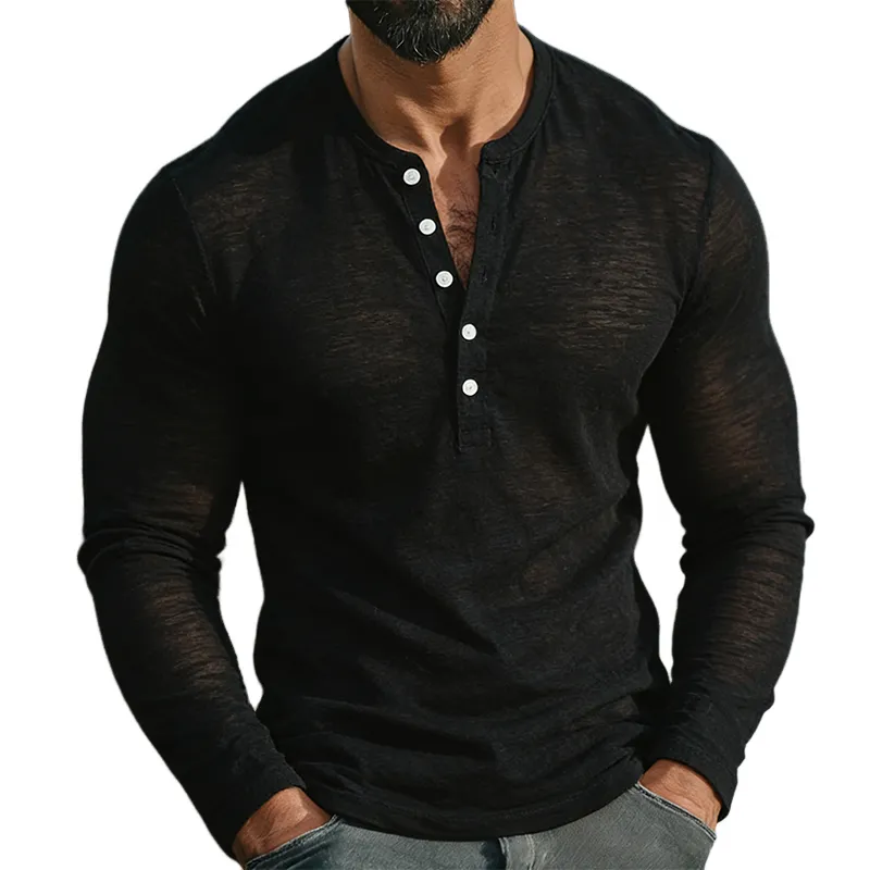 Men's Retro Casual Cotton Henley Collar Long-Sleeve T-Shirt MTA2227L4TO sold by Manly