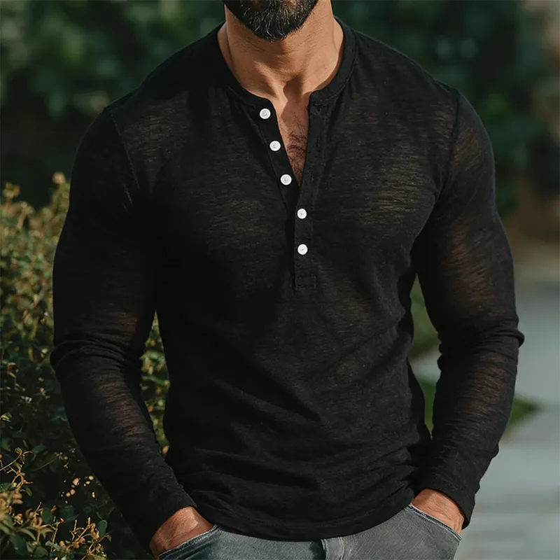 Men's Retro Casual Cotton Henley Collar Long-Sleeve T-Shirt MTA2227L4TO sold by Manly product image thumbnail 2