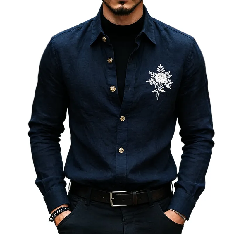Men's Retro Casual Cotton Linen Embroidered Collar Long-Sleeved Shirt MTA2238L1TO sold by Manly