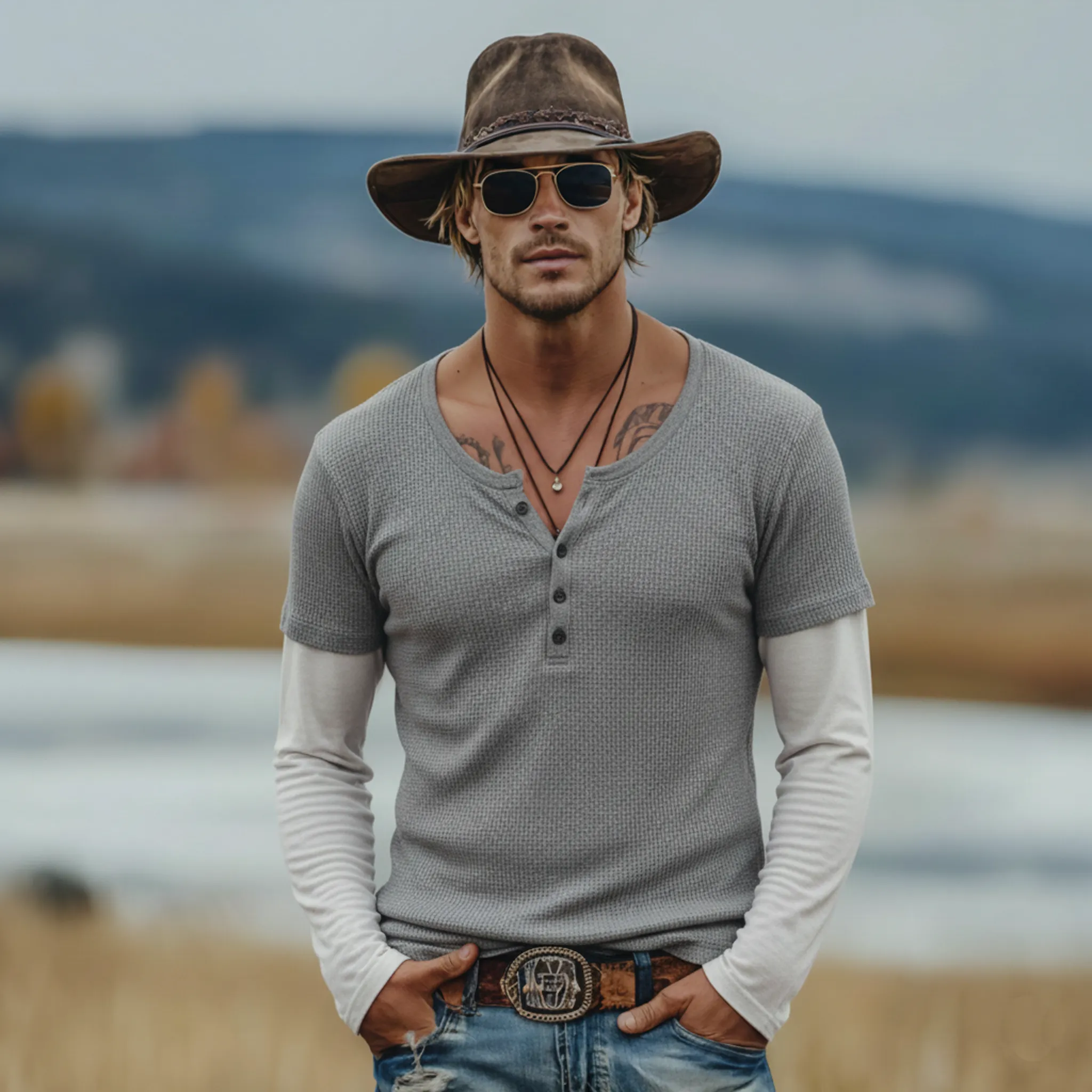 Men's Classic Casual Henley Neck Waffle Knit Cotton Blend Faux Two-piece Long-sleeved T-shirt MTA2349L7K sold by Manly product image thumbnail 2