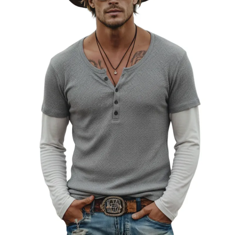 Men's Classic Casual Henley Neck Waffle Knit Cotton Blend Faux Two-piece Long-sleeved T-shirt MTA2349L7K sold by Manly