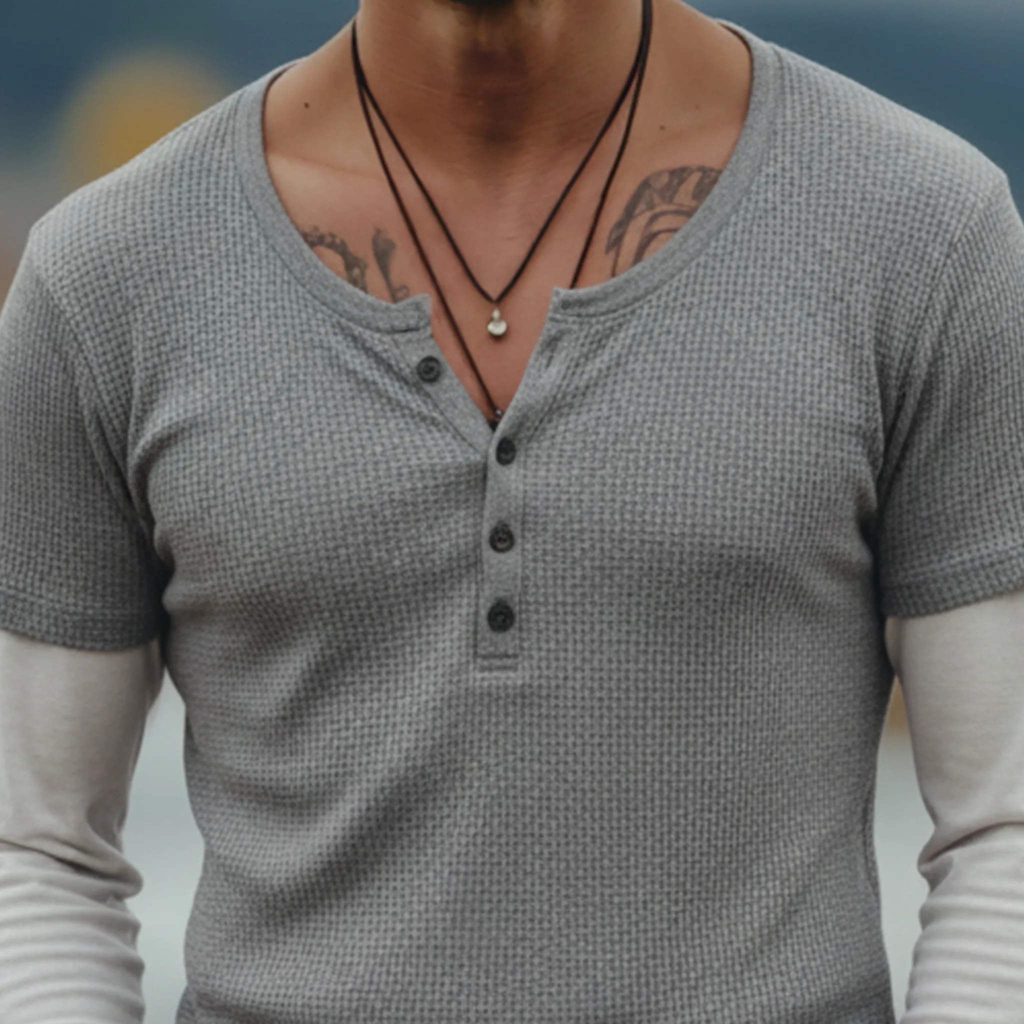 Men's Classic Casual Henley Neck Waffle Knit Cotton Blend Faux Two-piece Long-sleeved T-shirt MTA2349L7K sold by Manly product image thumbnail 5